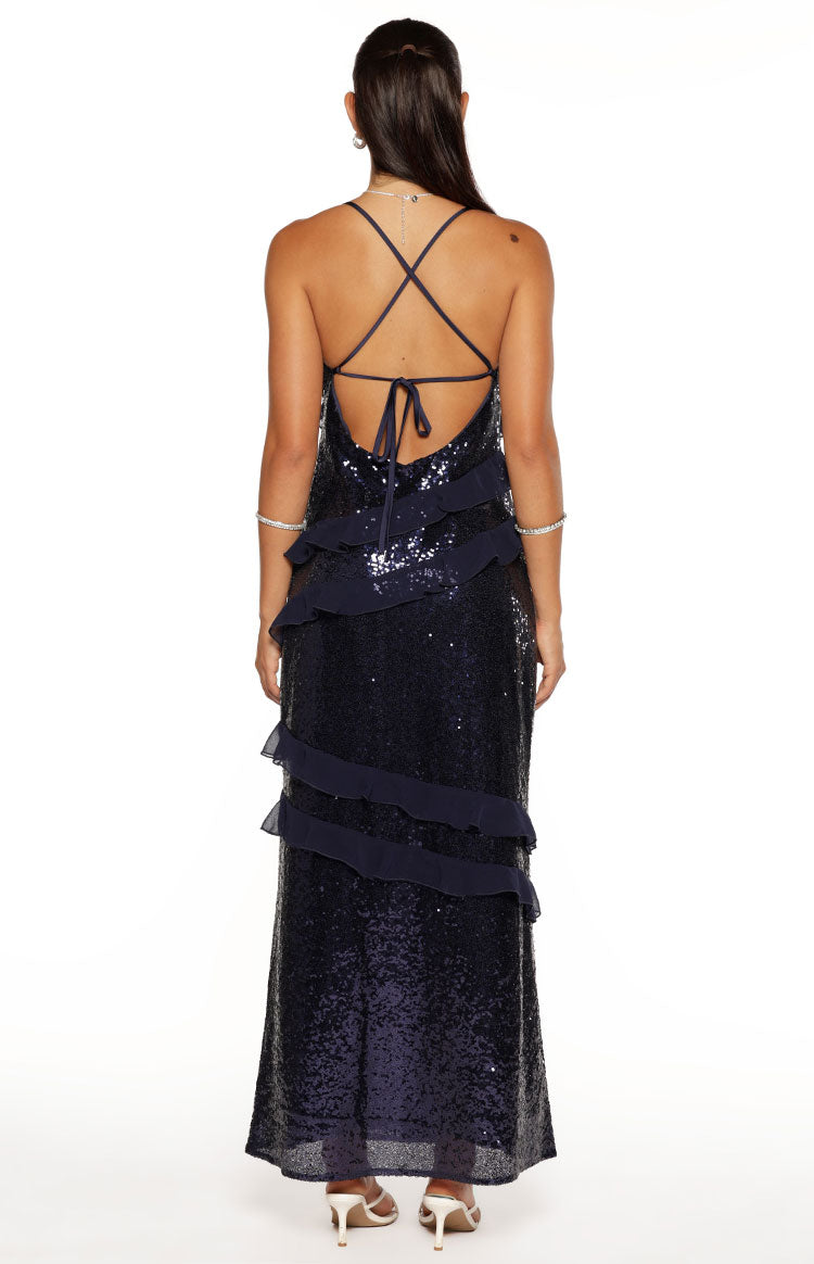 Inara Navy Sequin Ruffle Maxi Dress