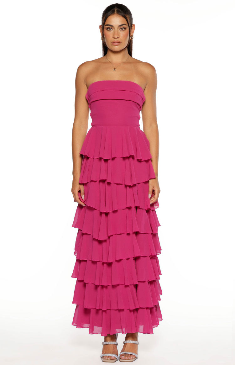 Kim Fuchsia Strapless Ruffle Maxi Dress